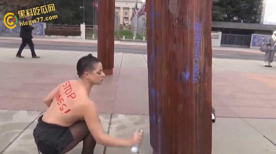 活动人士在联合国日内瓦办事处前举行反俄集会，裸女现身手持电据损坏纪念碑！-8